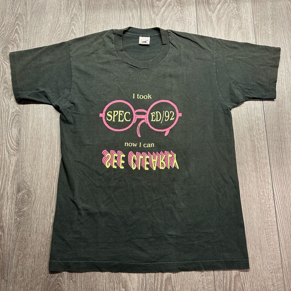 Vintage 1992 Spec Ed See Clearly Graphic T-Shirt Black Large Fruit of the Loom